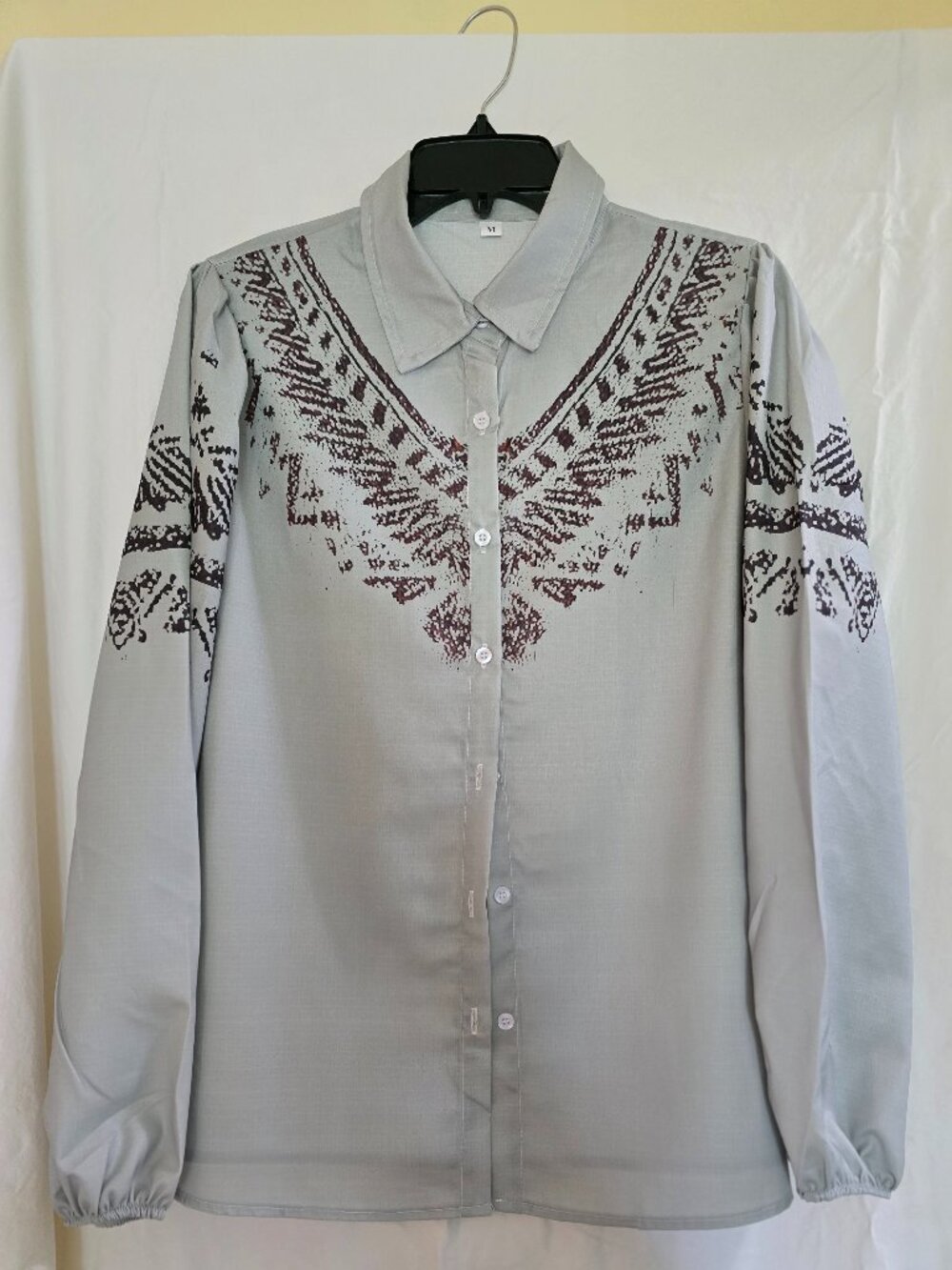 Women's Light Gray-BLUE Button-Front Blouse with Dark Brown Embroidered Yoke. XL